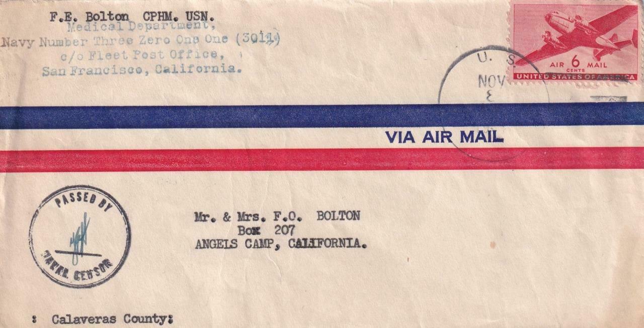 1944, Navy 3011, Ulitli, Yap, Carolina To Angels Camp, Ca, Airmail (n6840)