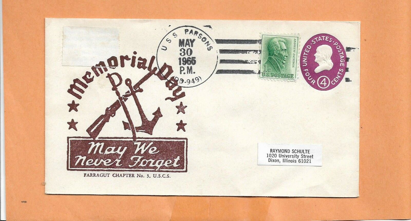 U.s.s. Parsons Memorial Day May 30,1965  Naval Cover