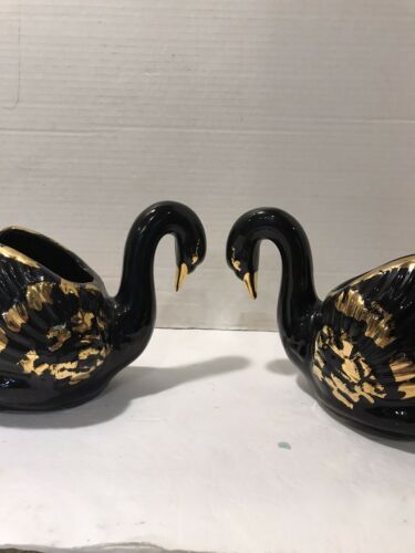 American Bisque Co Black And Gold Swan Planters 22kt Vintage