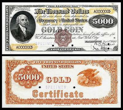 Nice Crisp Unc. 1882 $5,000 Gold Certificate Copy Note! Read Description