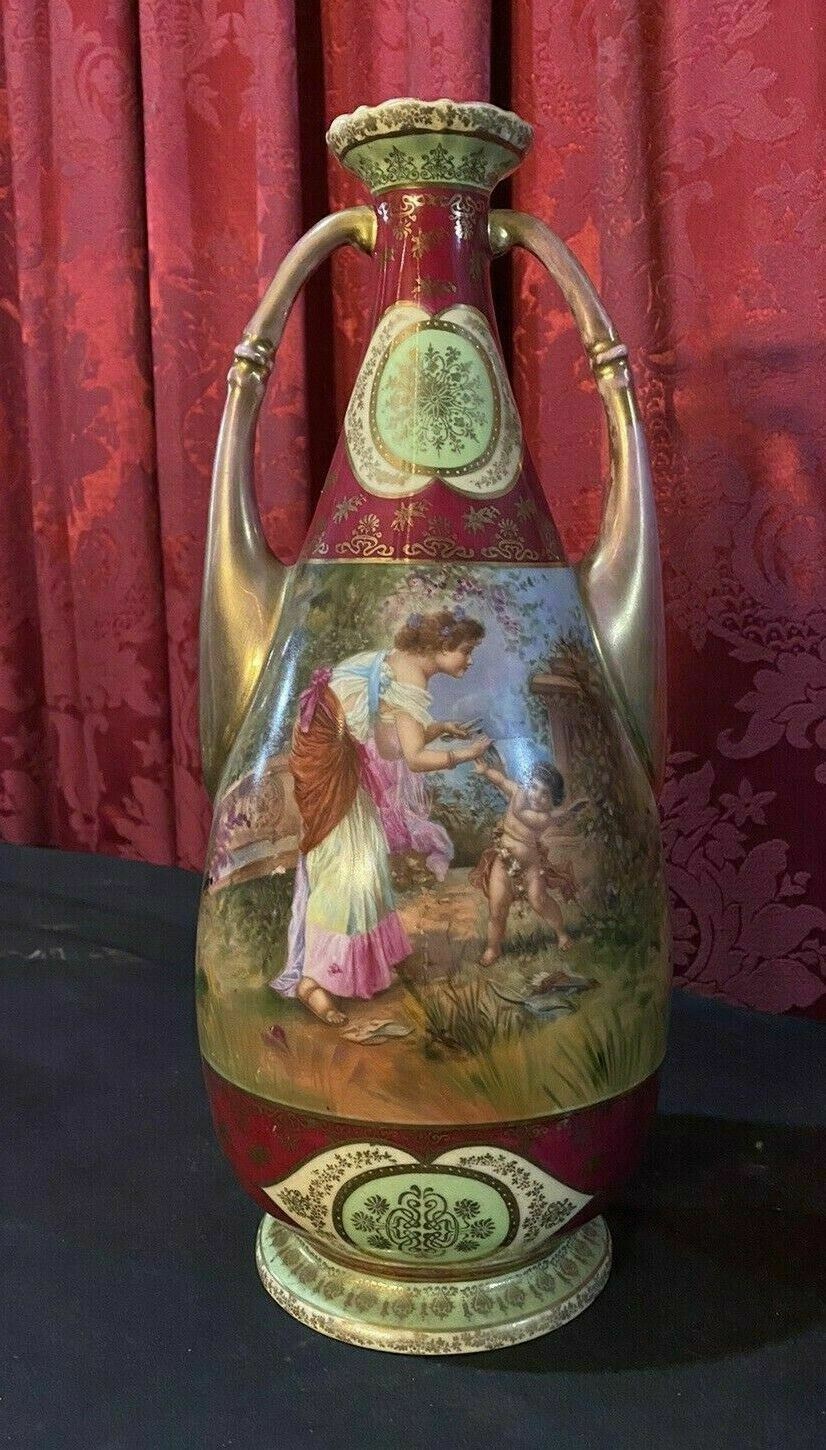 Vintage Antique Austrian Porcleain Scenic 13" Handled Portrait Vase