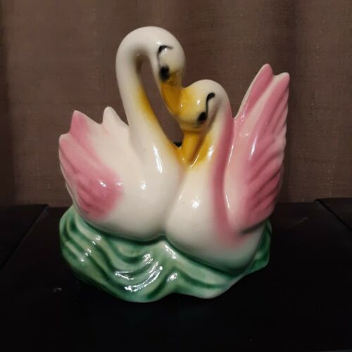 American Bisque Pottery Apco Double Swan Love Bird Flower Frog Bud Vase 6x6