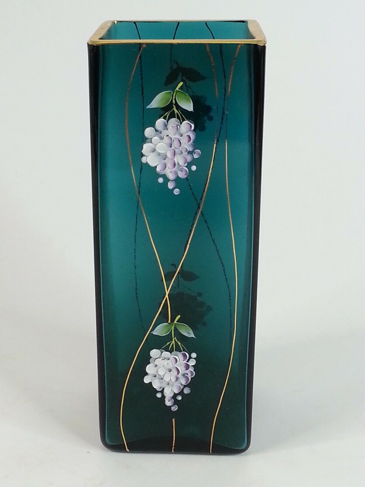 Vtg Famosa Lpw Glass Vase Vienna Austrian Bohemian Green Porcelain Grapes 6.5"