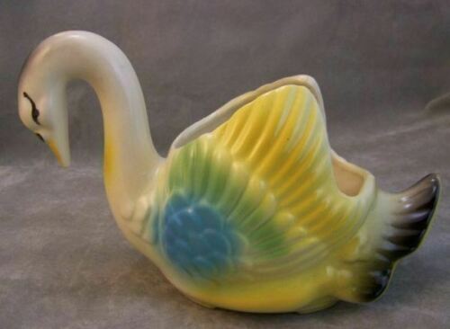 Vintage American Bisque Pottery Usa 7001 Swan Planter Air Brush Turquoise Black