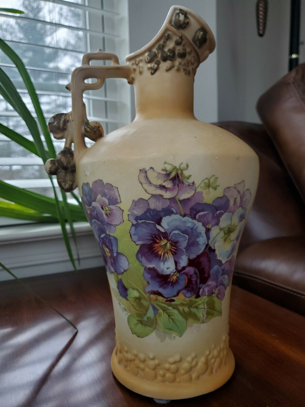 Antique Austria Porcelain Pitcher Vase 12.5" Hand Painted Flowers And Leaves