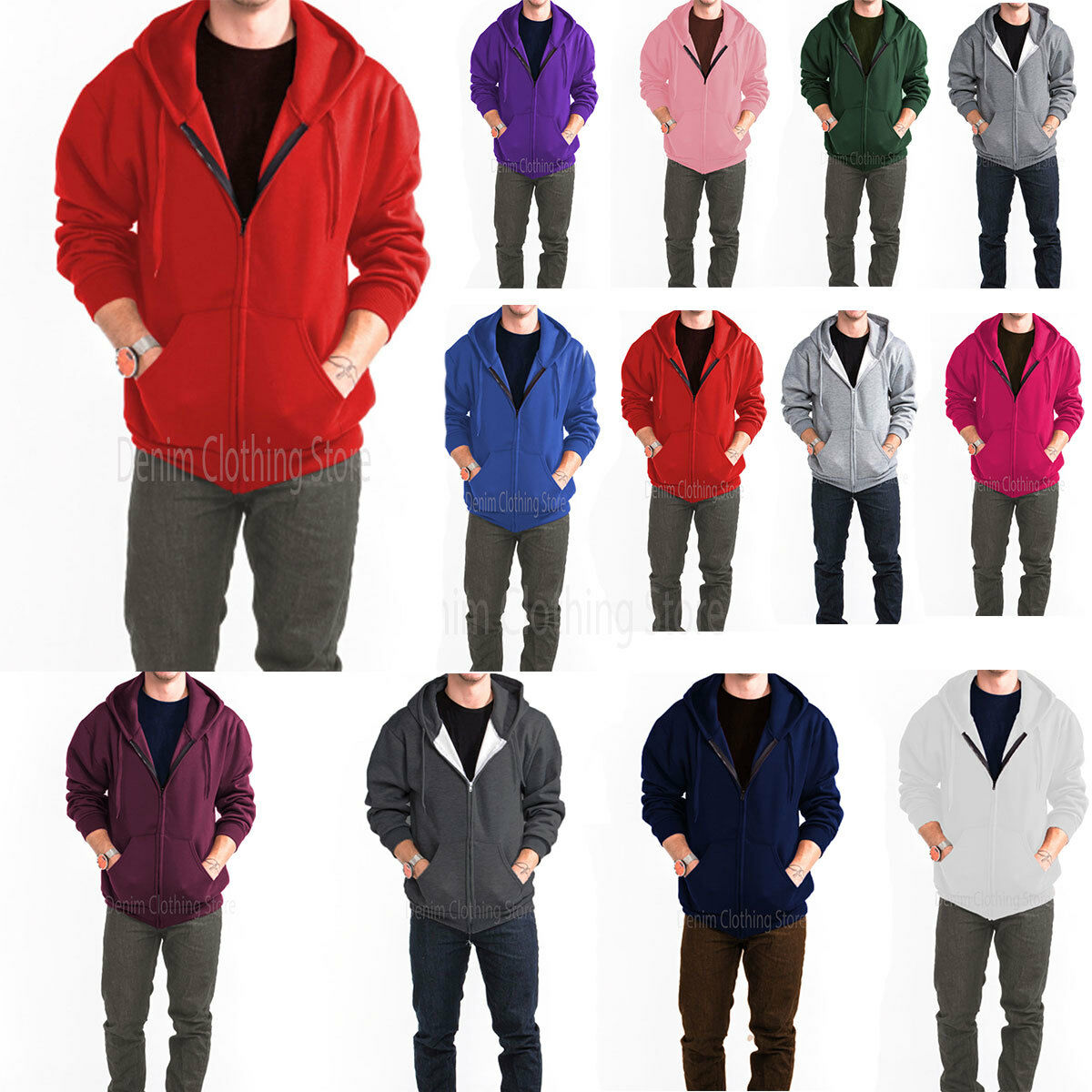 Men Women Unisex Solid Full Zip Up Hoodie Sweatshirts Hooded Zipper Size S-5xl