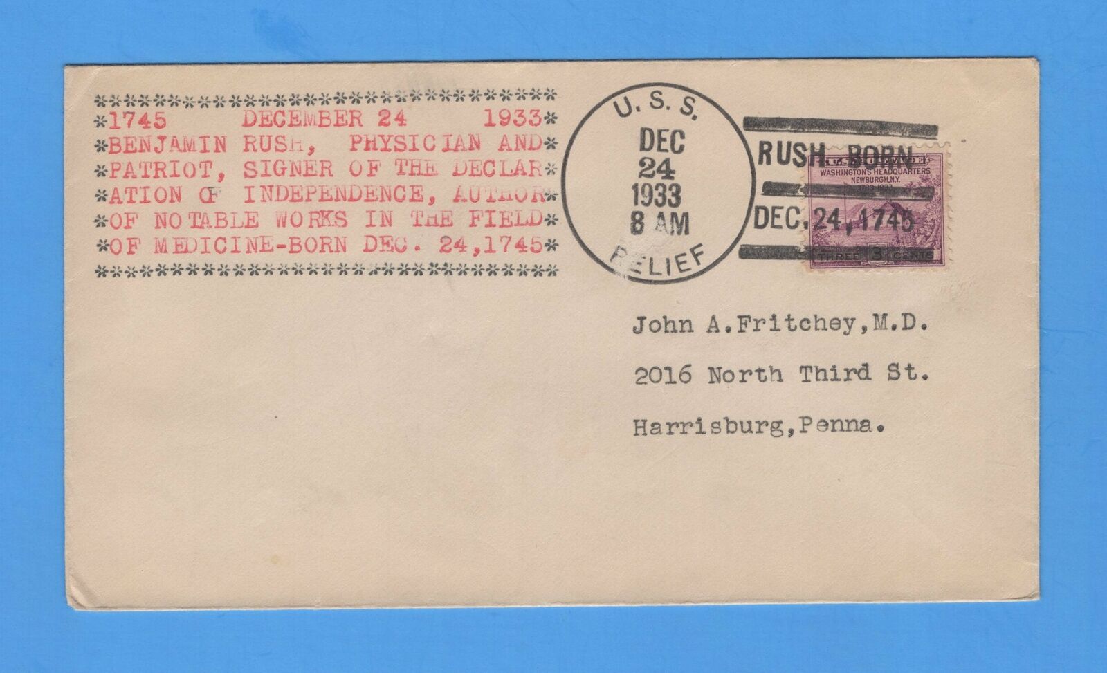 Relief Ah-1 Benjamin Rush Physician & Signer Dec Of Independence Dec 24, 1933